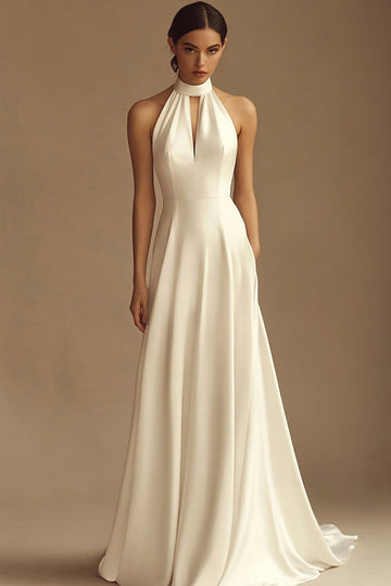 White Halter Satin Backless A Line Long Wedding Dress